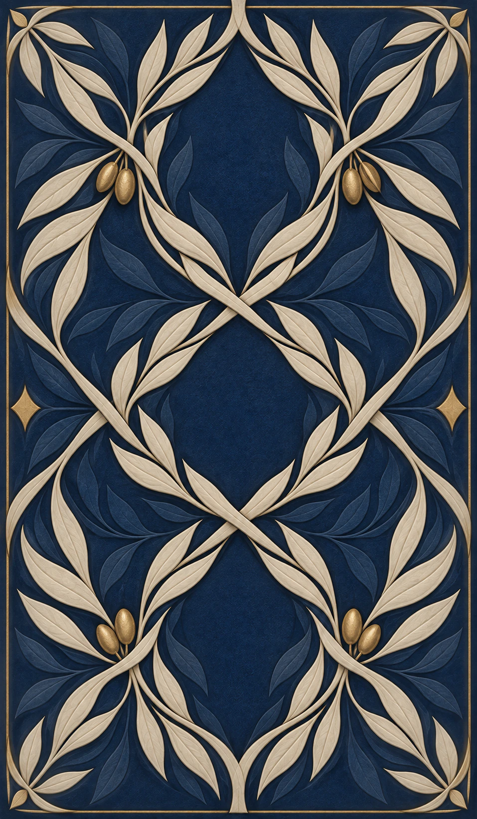 Olivia Arcana card back, with ivory olive branches woven through lapis blue